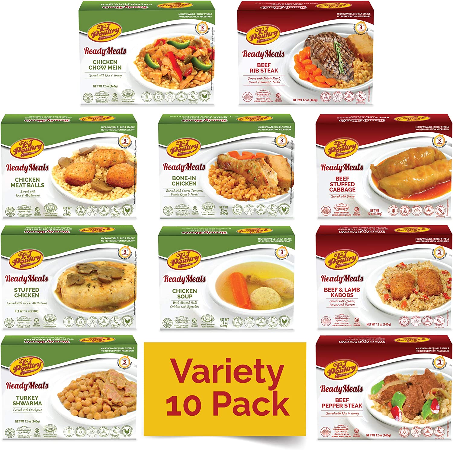 Kosher MRE Meat Meals Ready to Eat (10 Pack Variety – Beef, Chicken & Turkey) Prepared Entree Fully Cooked, Shelf Stable Microwave Dinner – Travel, Military, Camping, Emergency Survival Protein Food
