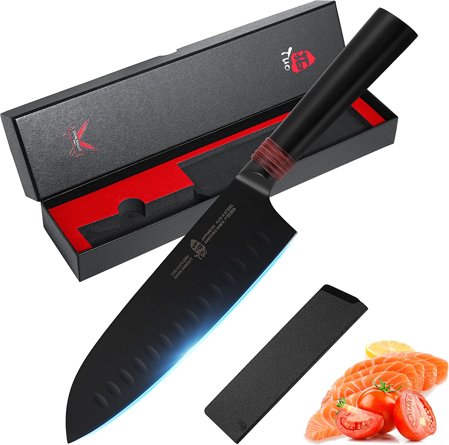 TUO Santoku Knife 7" – Pro Japanese Cleaver Knife Super Sharp Hollow Ground Edge – HC Japanese AUS-8 Stainless Steel – Comfortable Pakkawood Handle – with Sheath & Gift Box – Dark Knight Series