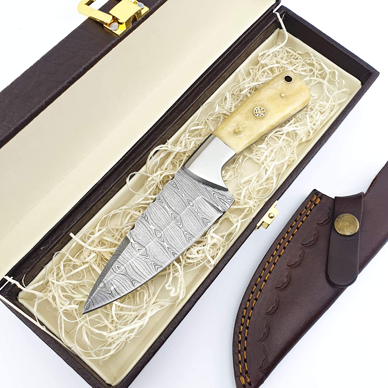SS-1 Knife4U Damascus Hunting Knife with Sheath|8" Best Camping,Hiking,Tactical,Survival Knife for Men|EDC Bushcraft Accessories Tool|Sharp Blade with Natural Handle and Knife Display Box