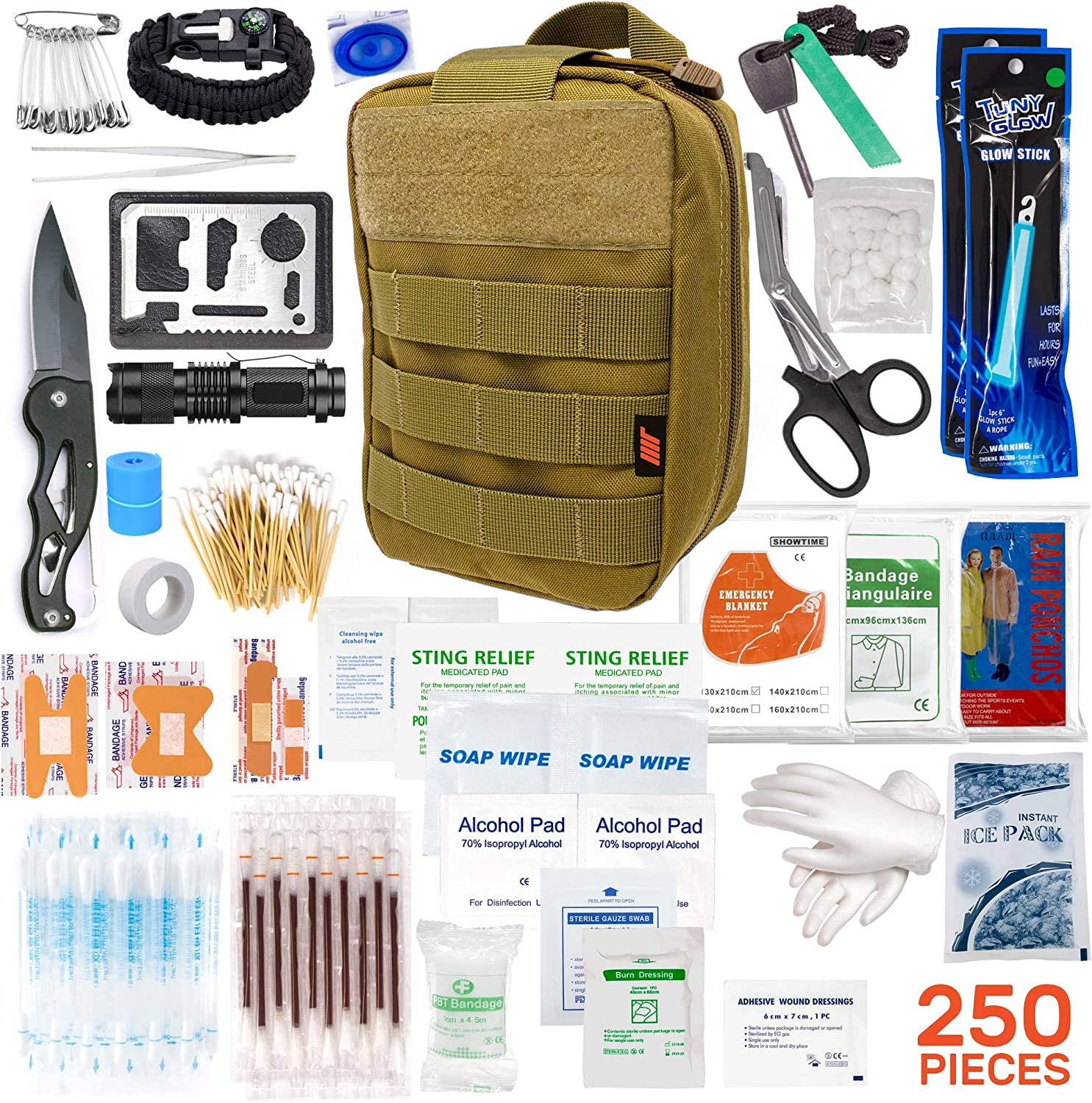 250pcs Tactical First Aid Kit Supplies with Molle Compatible Bag – Perfect as Emergency Kit, Survival Kit, First Aid Kit for Car and Boat, Travel First Aid Kit for Camping Hiking, Med Kit (Tan)