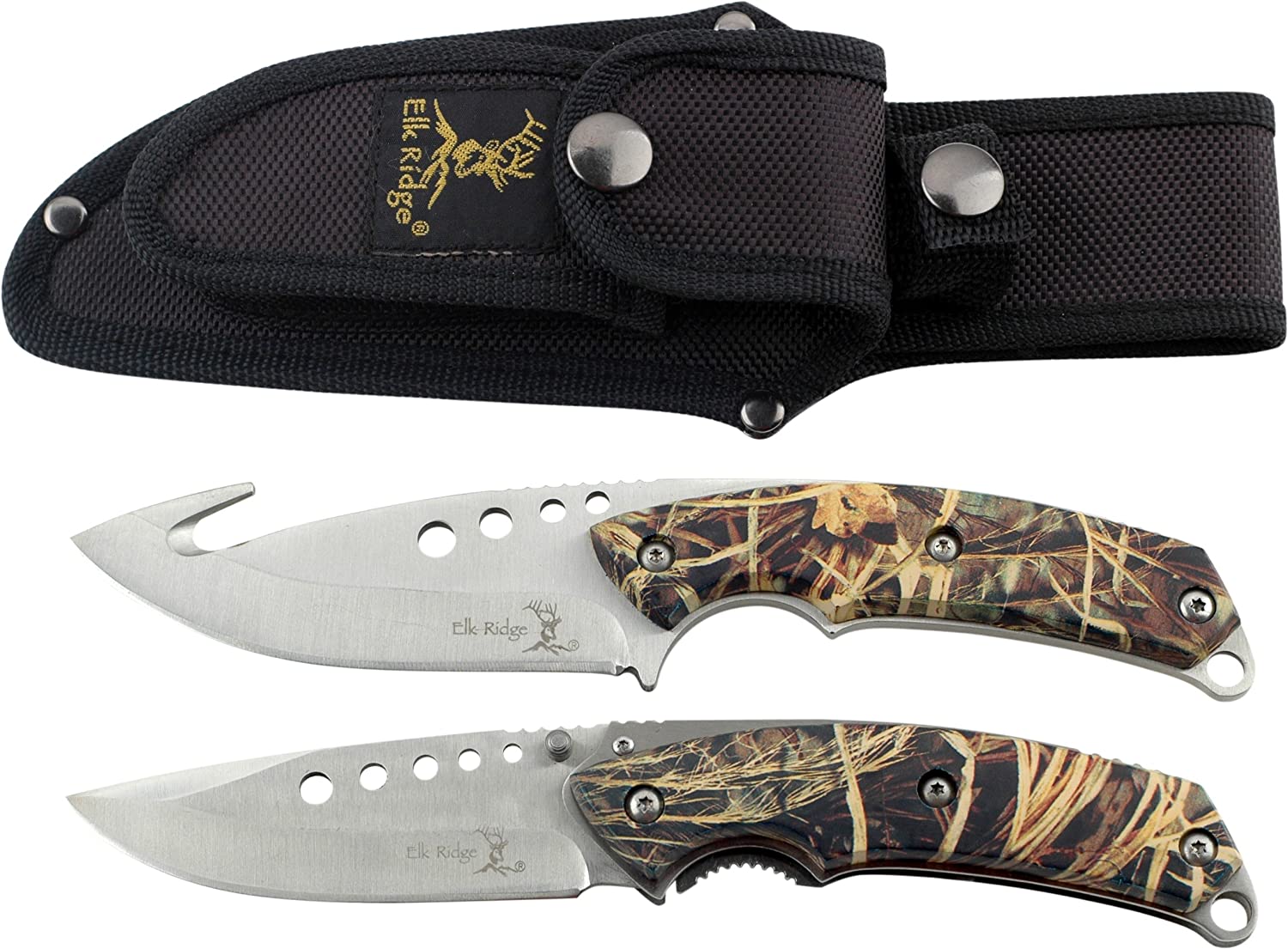 Elk Ridge – Outdoors Hunting Knife Set- 2 PC Fixed Blade and Folding Knife Set, Satin Finished Stainless Steel Blades, Camo Coated Handles, Includes Combo Nylon Sheath – Hunting, Camping, Survival – ER-054CA