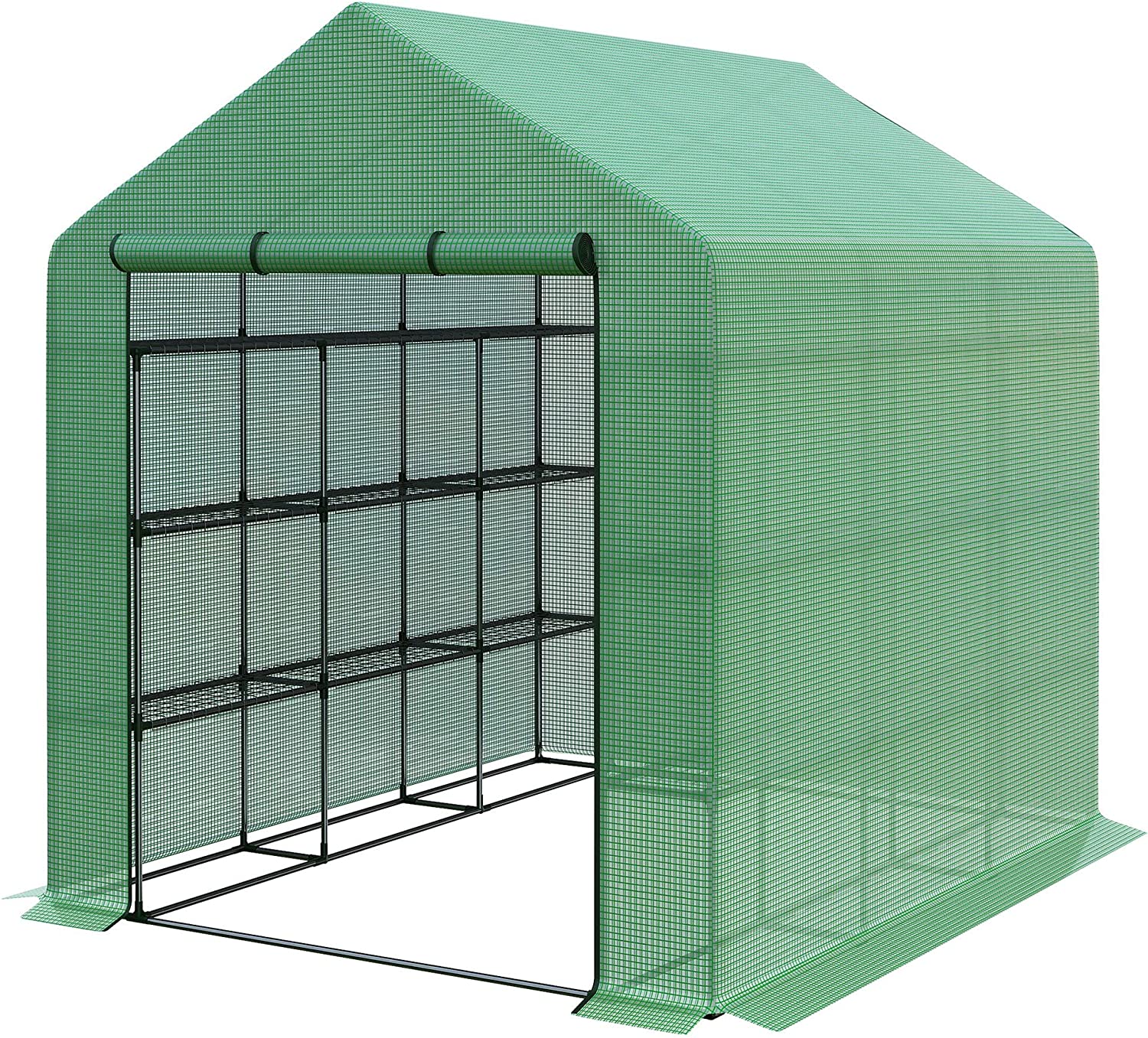 Outsunny 8′ x 6′ x 7′ Portable Water/UV Walk-in Greenhouse Hot House with 18 Shelves, Weather Cover, & Roll Up Door