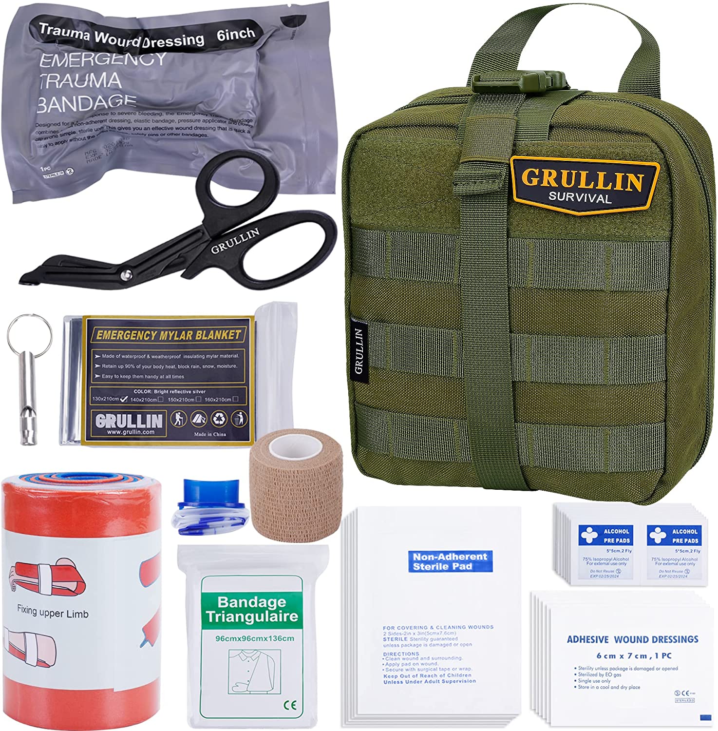 GRULLIN Survival First Aid Kit, 39 Pieces Tactical Molle EMT IFAK Pouch Emergency First Aid Survival Kits Trauma Bag Outdoor Gear for Camping Hiking Hunting Travel Car Adventures (Army Green)