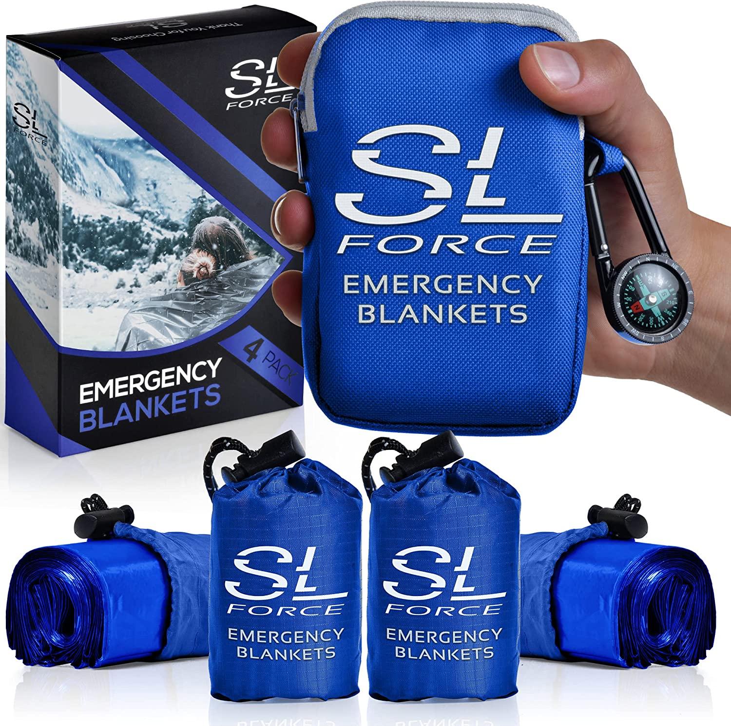 SLFORCE Emergency Blankets for Survival, 4 Pack of Gigantic Space Blanket. Comes with Four Extra-Large Mylar Blankets, Compass, and Zipper Bag. The Best Thermal Space Blankets Survival Heavy Duty