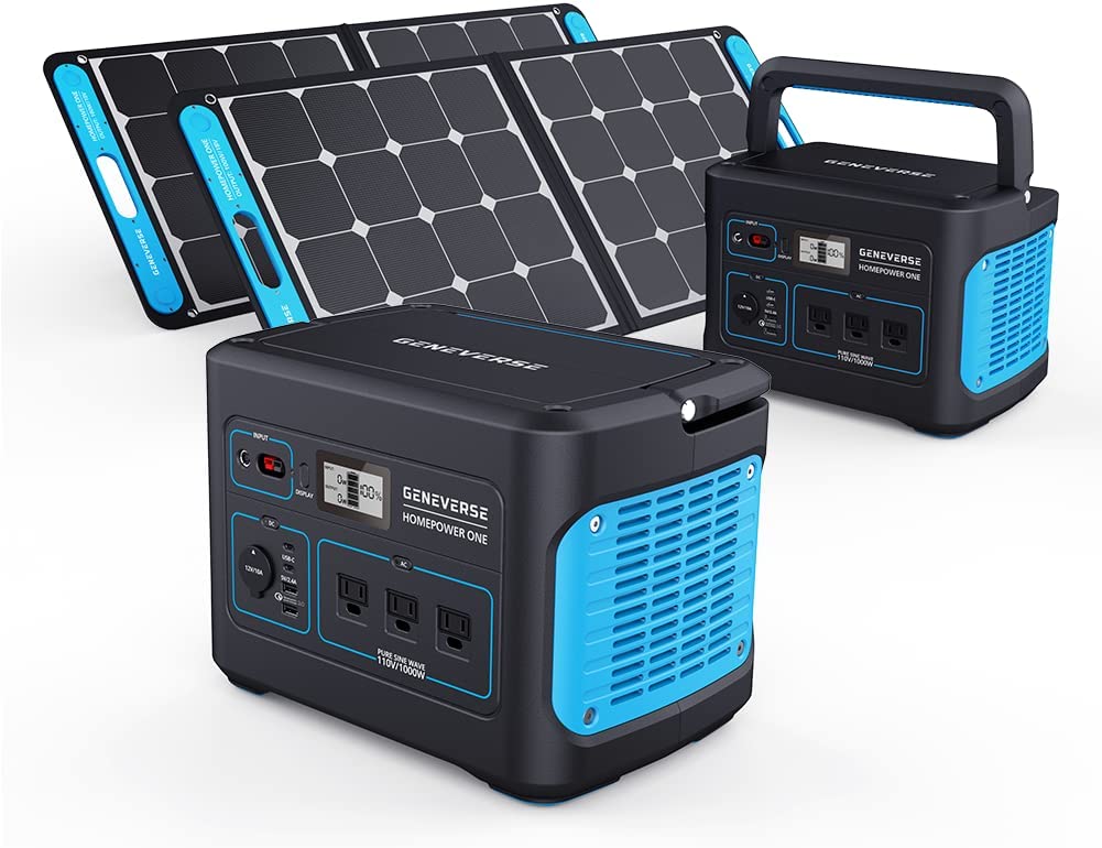 Geneverse 1002Wh (2×2) Solar Generator Bundle: 2X HomePower ONE Portable Power Stations (3X 1000W AC Outlets Each) + 2X 100W Solar Panels. Quiet, Indoor-Safe Backup Battery Generators WAREHOUSE DIRECT