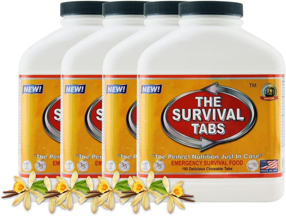 Emergency Food Survival Protein Substitute MRE Tabs – Vitality Sciences Survival tabs (8 Week Supply) (4 Bottle x 180 Tablets = 720 Tablets/Vanilla)