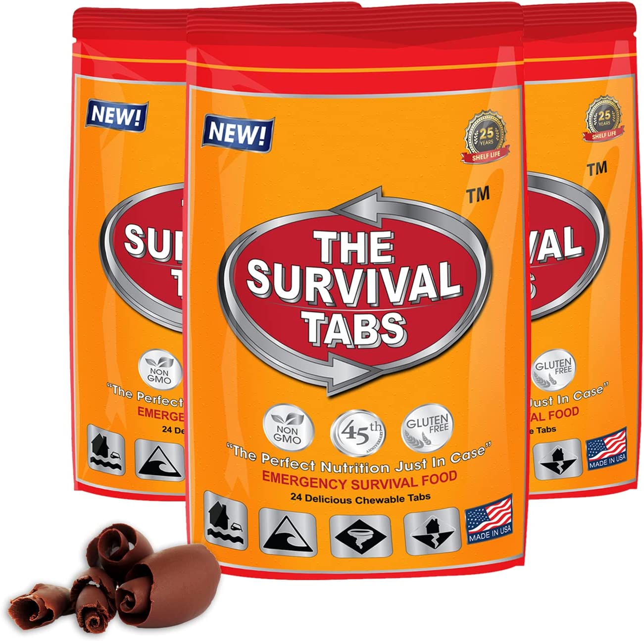 6 days Emergency Survival Tabs none-GMO gluten-free 25 years shelf life 24 Tabs Chocolate x 3 pouches