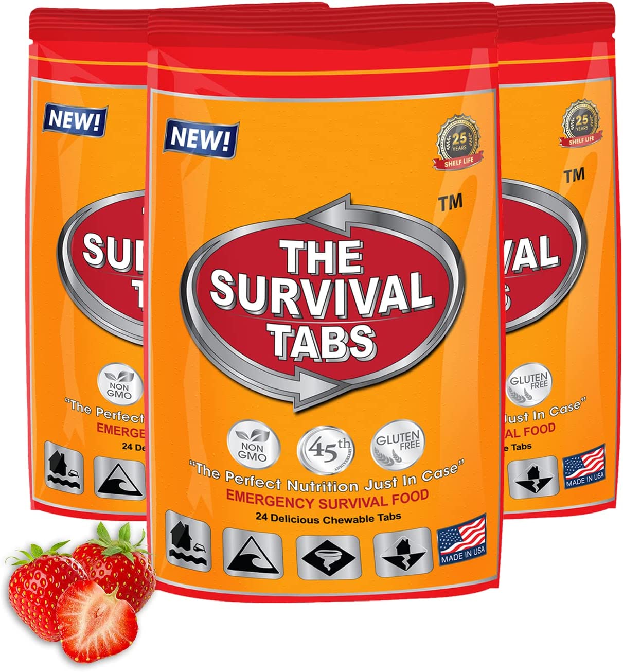 144 hours Emergency Food tablet none-GMO gluten-free 25 years shelf life 24 Tabs Strawberry x 3 pouches