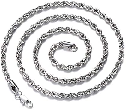 FEEL STYLE Men Necklace Stainless Steel Chain 925 Silver Rope Chains 3-5mm Twist Rope Box Necklace 14-30 Inch Necklaces for Mens Women Boy Teen Jewelry Gift