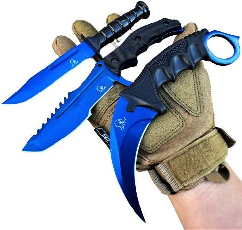 Tactical Knife Survival Knife Hunting Knife Fixed Blade Knife Combo Razor Sharp Edge Camping Accessories Camping Gear Survival Kit Survival Gear Tactical Gear 52319 (Blue)