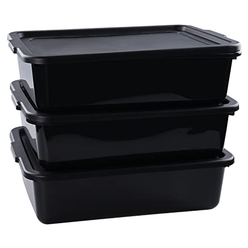 Vababa 3-Pack Plastic Commercial Bus Box, Kitchen Bus Tub with Lid, Black