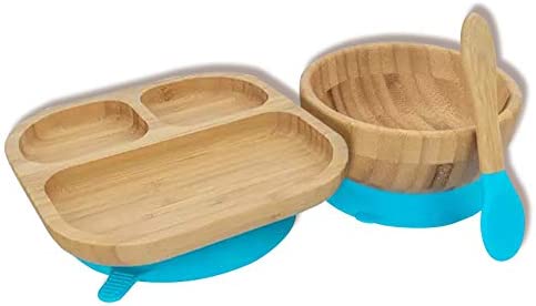Baby Toddler Stay Put Dish, Kids Suction Plate & Bowl, Bamboo Cute Dinnerware (Blue Set)