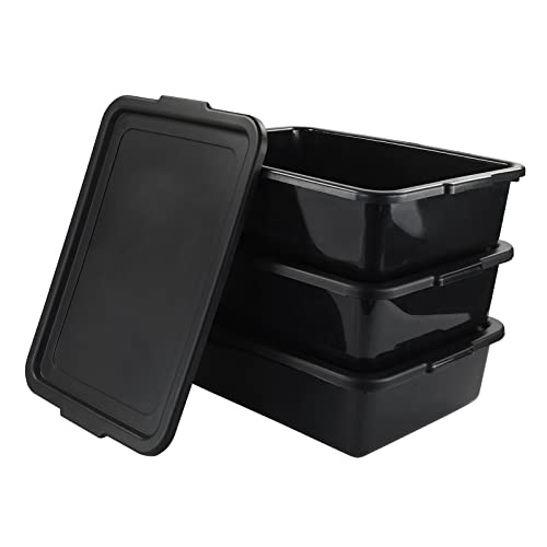 Kekow Plastic Bus Box with Lid, Commercial Bus Tubs with Handle, 3-Pack, Black
