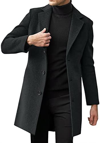 Fupinoded Mens Trench Coat, Mens Single Breasted Trench Coat Winter Wool Blend Pea Coat Lapel Jacket Coat
