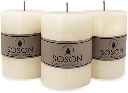 Simply Soson 3×4 Ivory Rustic Pillar Candles Bulk, Dripless Clean Long Burning Candles, Large Decorative Candles, Unscented Candles for Wedding, Rustic Home Decor, Dinner and Parties–Pack of 3