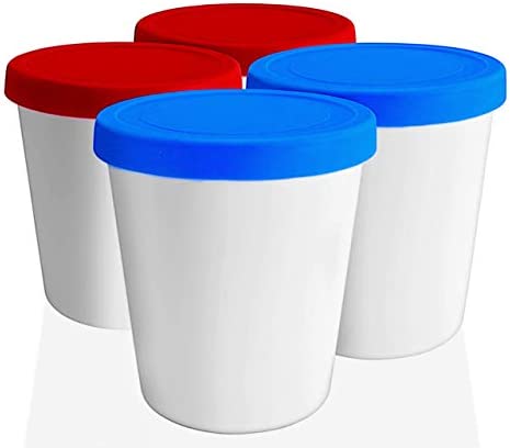 LIN Ice Cream Containers 4-Pack – 1Quart Reusable Round Storage Tubs for Homemade Ice Cream, Dessert, Gelato, Sorbet, 2 Red & 2 Blue Silicone Lids – Non-BPA Plastic Containers – Dishwasher-Safe – No Freezer Burn