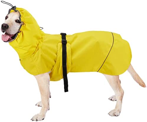 Waterproof Dog Raincoat – Dog Rain Jacket for Large Medium Dogs – Reflective Dog Rain Poncho Hoodie with Drawstring Leash Hole – Adjustable Dog Slicker with Quick-Release Buckle Elastic Straps Easy On