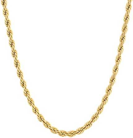 KISPER 18k Gold Hip Hop Rope Chain Necklace – Gold Plated Stainless Steel Jewelry for Women & Men with Lobster Clasp