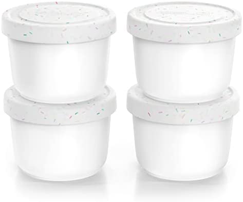 BALCI – 8oz Mini Ice Cream Containers with Silicone Lids (Set of 4) – Freezer Food Storage Containers, Reusable, LeakProof, For Homemade IceCream Containers – White with Sprinkles