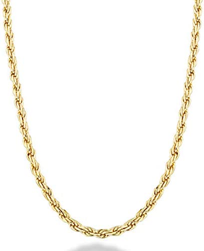Miabella Solid 18K Gold Over Sterling Silver Italian 2mm, 3mm Diamond-Cut Braided Rope Chain Necklace for Men Women, 925 Sterling Silver Made in Italy