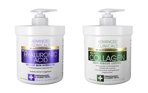 Advanced Clinicals Collagen Cream + Hyaluronic Acid Lotion Moisturizer Face & Body Skin Care Set. Collagen Lotion Restores Sagging Skin & Hyaluronic Acid Anti Aging Cream Hydrates Dry Skin, 2-Pack