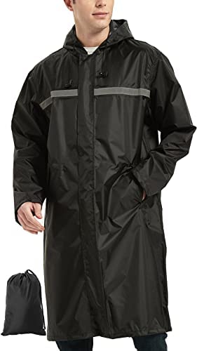 Men’s Long Hooded Security Black Rain Jacket Trench Coat Waterproof Emergency Raincoat Poncho