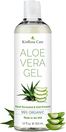 KinRose 12oz Organic Aloe Vera Gel for Face, Skin, Hair & Sunburn Relief – From 100 Percent Pure Aloe Vera – Cold Pressed, Vegan, Unscented – Made in USA