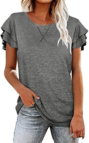 Womens Petal Sleeve Tops V Neck Casual Tees T-Shirts Short Sleeve Shirts Summer Loose Solid Color Basic Tunic Tshirt