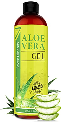 Seven Minerals Organic Aloe Vera Gel from freshly cut 100% Pure Aloe – Big 12oz – HighestQuality, Texas grown, Vegan, Unscented – For Face, Skin, Hair, Sunburn relief