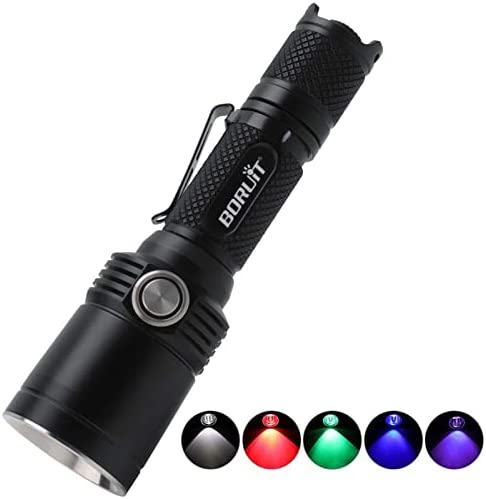 BORUIT BC09 Rechargeable Tactical Flashlight with UV Red Green Blue Light – 11 Mode, Super Bright 1200 Lumens, XP-L2 Chip IPX8 Waterproof LED Flash Light