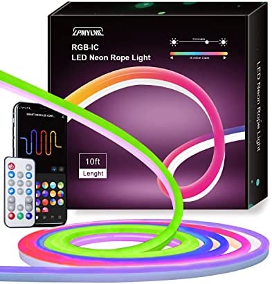 LPMYLMC Neon Rope Light with RGB-IC, 10FT LED Neon Flex with Music Sync, Compatible with Alexa, Google Assistant, LED Strip Lights for Bedroom Living Gaming Room Wall Decor (Not Support 5G WiFi)