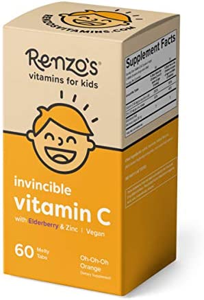 Renzo’s Kids Vitamin C with Elderberry & Zinc for Immune Support, Vegan Vitamin C for Kids, Zero Sugar, Non-GMO, Oh-Oh-Oh Orange Flavor, Easy to Take Chewable Vitamin C Tablets, [60 Melty Tabs]