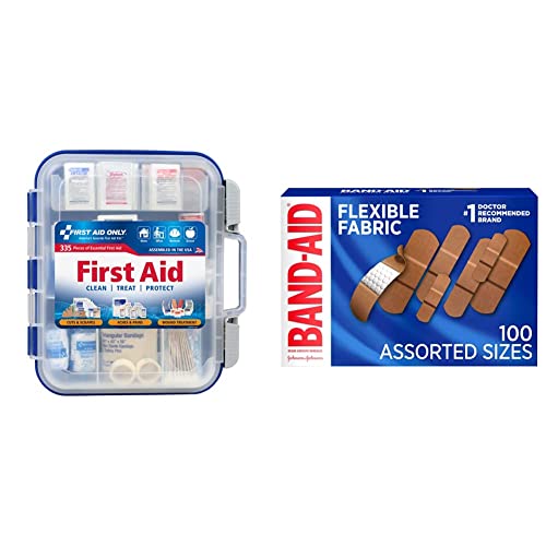 First Aid Only 335 Piece All-Purpose First Aid Kit, OSHA Compliant & Band Aid Brand Flexible Fabric Adhesive Bandages for Wound Care & First Aid, Assorted Sizes, 100 Ct, Beige