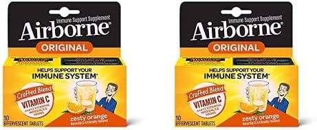 Airborne Vitamin C 1000mg (per serving) – Zesty Orange Effervescent Tablets (10 count box), Gluten-Free Immune Support Supplement, With Vitamins A C E, ZINC, Selenium, Echinacea & Ginger (Pack of 2)