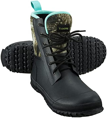 TIDEWE Rubber Boots for Women, Lace Up Rain Boots with Steel Shank, Waterproof Mid calf Hunting Boots with Fleece Lining, Anti-slip Neoprene Insulated Rubber Boots for Lawn Farming Gardening (Green, Black Plaid & Next Camo G2, Size 5-11)