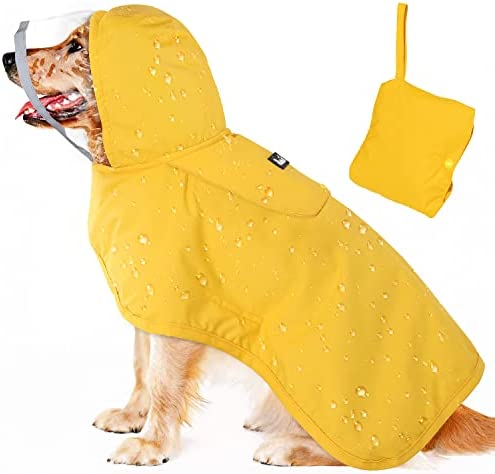SlowTon Dog Raincoat, Adjustable Dog Rain Jacket Clear Hooded Double Layer, Waterproof Dog Poncho with Reflective Strip Straps and Storage Pocket for Small Medium Large Dogs(L)