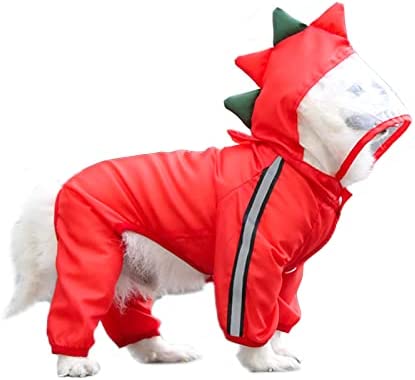 Dog Raincoat Hooded Pet Frog Slicker Poncho Waterproof Dog Rain Jacket with Harness Hole Soft Reflective Dog Onesie 4 Legs Jumpsuit for Small Medium Large Dogs (XL:Red Dinosaur)