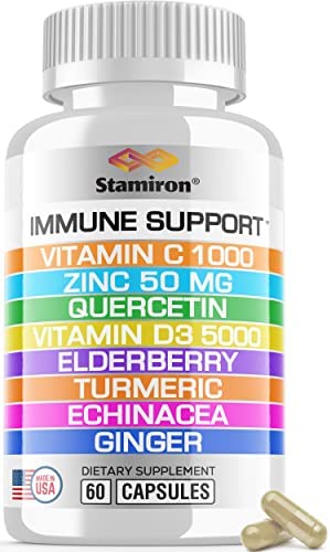 8 in 1 Immune Support with Quercetin Zinc 50mg Vitamin C 1000mg Vitamin D3 5000 IU and Elderberry Echinacea Ginger for Adults Kids – VIT D Immunity Defense Booster Supplement Veg Capsules Made in USA