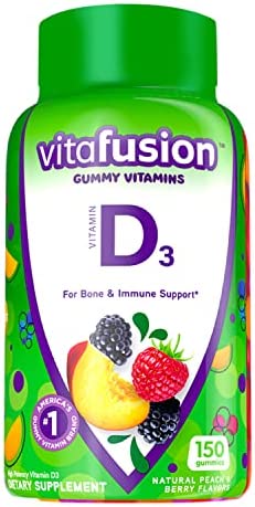 Vitafusion Vitamin D3 Gummy Vitamins for Bone and Immune System Support, Peach, Blackberry and Strawberry Flavored, 50 mcg Vitamin D, America’s Number 1 Gummy Vitamin Brand, 75 Day Supply, 150 Count