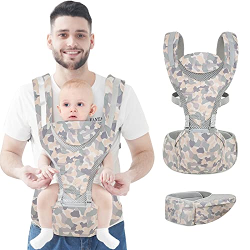 IULONEE 6-in-1 Newborn Baby Carrier Ergonomic Infant Carrier with Hip Seat Lumbar Front and Back Backpack Carry Holder Carrier for Babies Girls & Toddler Boys to 7-45lbs (Camouflage Grey)