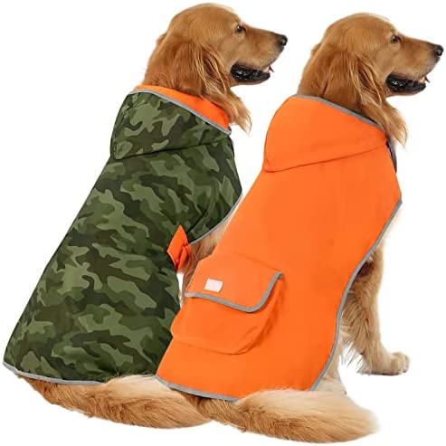 HDE Reversible Dog Raincoat Hooded Slicker Poncho Rain Coat Jacket for Small Medium Large Dogs Camo/Orange – 3XL
