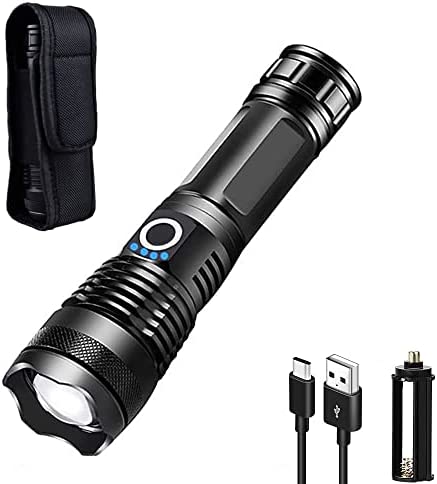 10000 Lumen Rechargeable Tactical Flashlight, Bright Flashlight with 5 Modes, Waterproof, Zoomable, XHP50 LED for Hiking Hunting Camping Emergency Outdoor Sport, with Holster