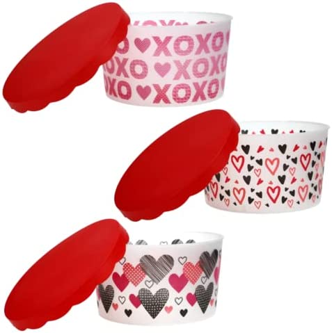 GS Valentines Plastic Tubs with Scallop Lids, Round Food Container for Cookies Candies Gift Canister & Party Favor Home Kitchen Valentines Day Decoration Set of 2 with HFW Bonus Gift (Designs Vary)