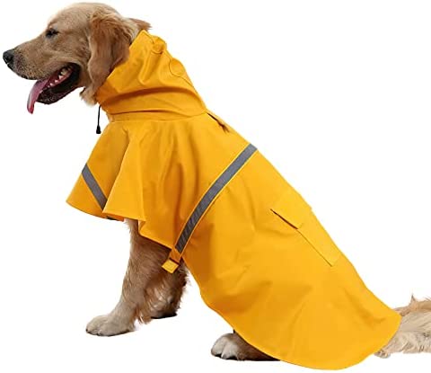 NACOCO Large Dog Raincoat Adjustable Pet Water Proof Clothes Lightweight Rain Jacket Poncho Hoodies with Strip Reflective (XL, Yellow)…