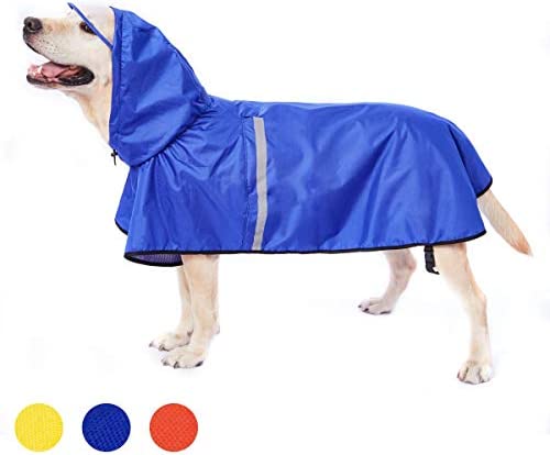 Dog Raincoat with Adjustable Belly Strap and Leash Hole – Hoodie with Reflective Strip – Waterproof Slicker Lightweight Breathable Rain Poncho Jacket for Medium Large Dogs – Easy to Wear