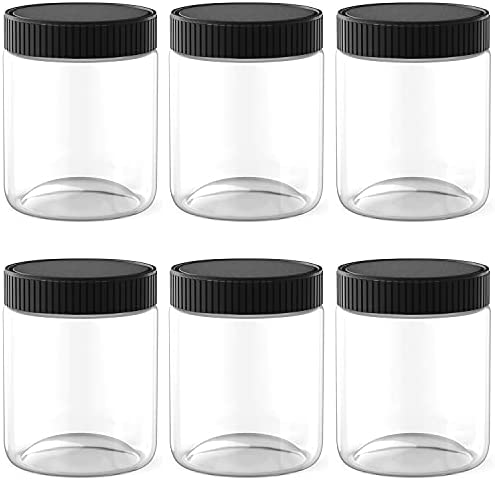 16 Oz Clear Plastic Jars with Black Lids Refillable Kitchen Storage Containers for Dry Food, Coffee, Nuts and More, 6 Pack