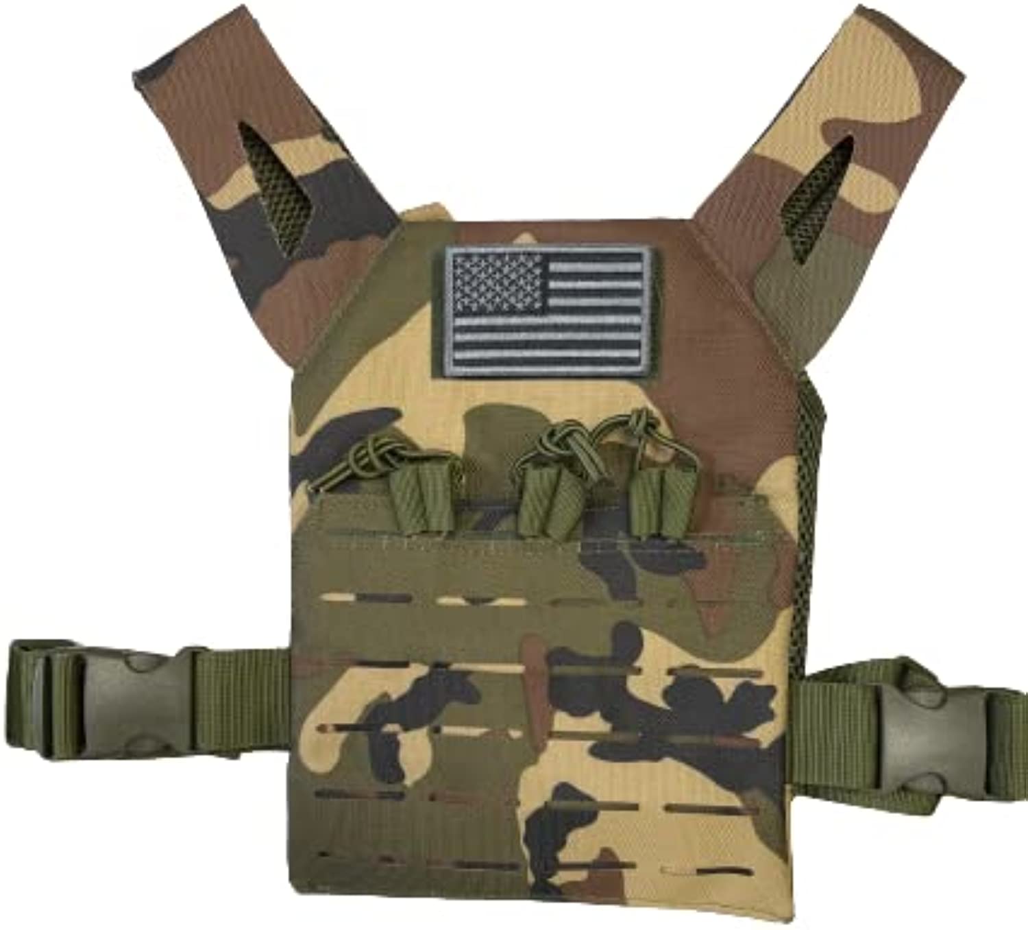 Childrens Small Kids Tactical Airsoft Paintball Vest, Hook and Loop US Flag Patch, Mil Spec PALS Laser cut Molle w/ Mag Pouches (Woodland Camo)