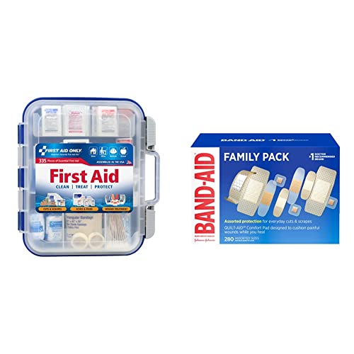 First Aid Only 335 Piece All-Purpose First Aid Kit, OSHA Compliant & Band-Aid Brand Adhesive Bandage Family Variety Pack, Sheer & Clear Flexible Sterile Bandages with Hurt-Free, 280 ct