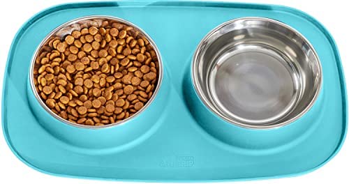 Gorilla Grip Slip Resistant Pet Bowls and Silicone Feeding Mat Set, 3 Cups, Catch Water and Food Mess, Raised Edges for No Spills, Stainless Steel Cat and Dog Dish Bowl for Small and Large Pets, Turq