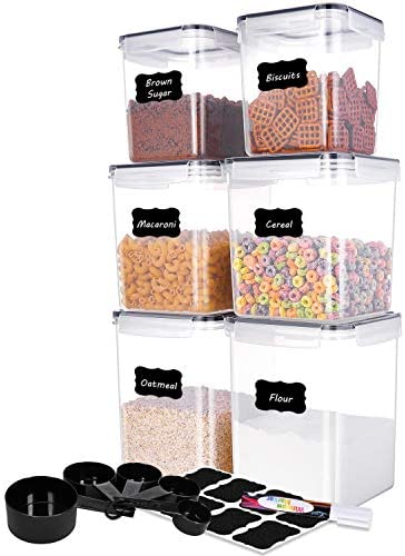 ME.FAN Food Storage Containers [Set of 6] Food Canisters / Flour Container – Pantry Bulk Airtight Storage Keeper with 5 Set Measuring Cups 24 labels & Pen – Black